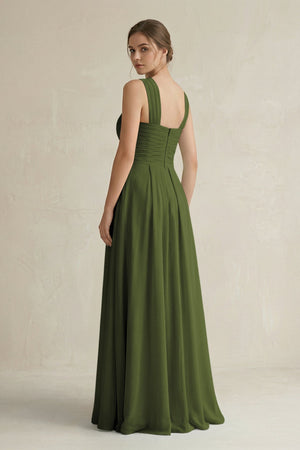 Cross Halter Chiffon A - Line Pleated Bridesmaid Dress in Olive - KissProm Bridesmaid Dresses