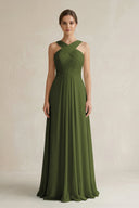 Cross Halter Chiffon A - Line Pleated Bridesmaid Dress in Olive - KissProm Bridesmaid Dresses