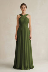 Cross Halter Chiffon A - Line Pleated Bridesmaid Dress in Olive - KissProm Bridesmaid Dresses