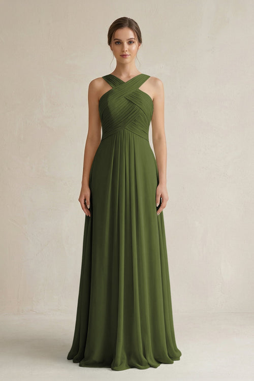 Cross Halter Chiffon A - Line Pleated Bridesmaid Dress in Olive - KissProm Bridesmaid Dresses