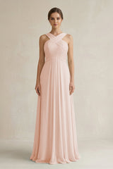 Cross Halter Chiffon A - Line Pleated Bridesmaid Dress in Pale Blush - KissProm Bridesmaid Dresses