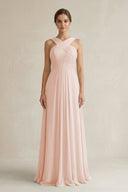 Cross Halter Chiffon A - Line Pleated Bridesmaid Dress in Pale Blush - KissProm Bridesmaid Dresses