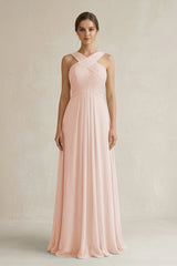 Cross Halter Chiffon A - Line Pleated Bridesmaid Dress in Pale Blush - KissProm Bridesmaid Dresses