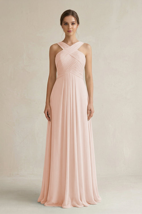 Cross Halter Chiffon A - Line Pleated Bridesmaid Dress in Pale Blush - KissProm Bridesmaid Dresses