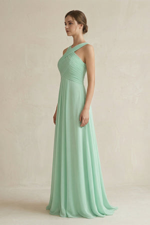 Cross Halter Chiffon A-Line Pleated Bridesmaid Dress in Pale Pistachio - KissProm BRIDESMAID DRESSES