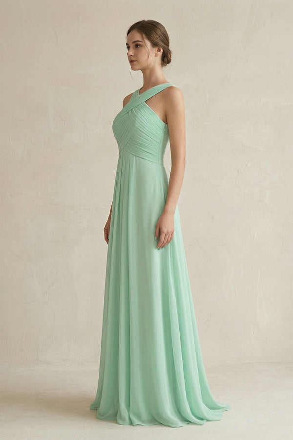Cross Halter Chiffon A-Line Pleated Bridesmaid Dress in Pale Pistachio - KissProm BRIDESMAID DRESSES