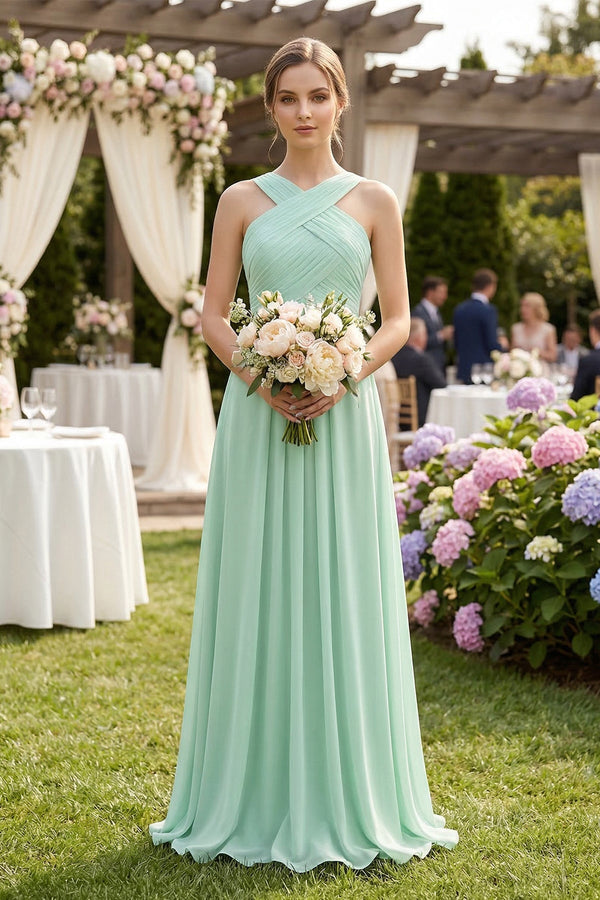 KissProm Cross Halter Chiffon A-Line Pleated Bridesmaid Dress in Pale Pistachio, Pale Pistachio / 26