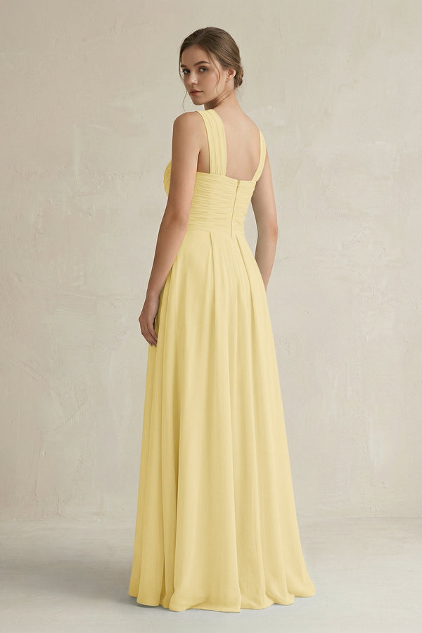 Cross Halter Chiffon A - Line Pleated Bridesmaid Dress in Pastel Yellow - KissProm Bridesmaid Dresses