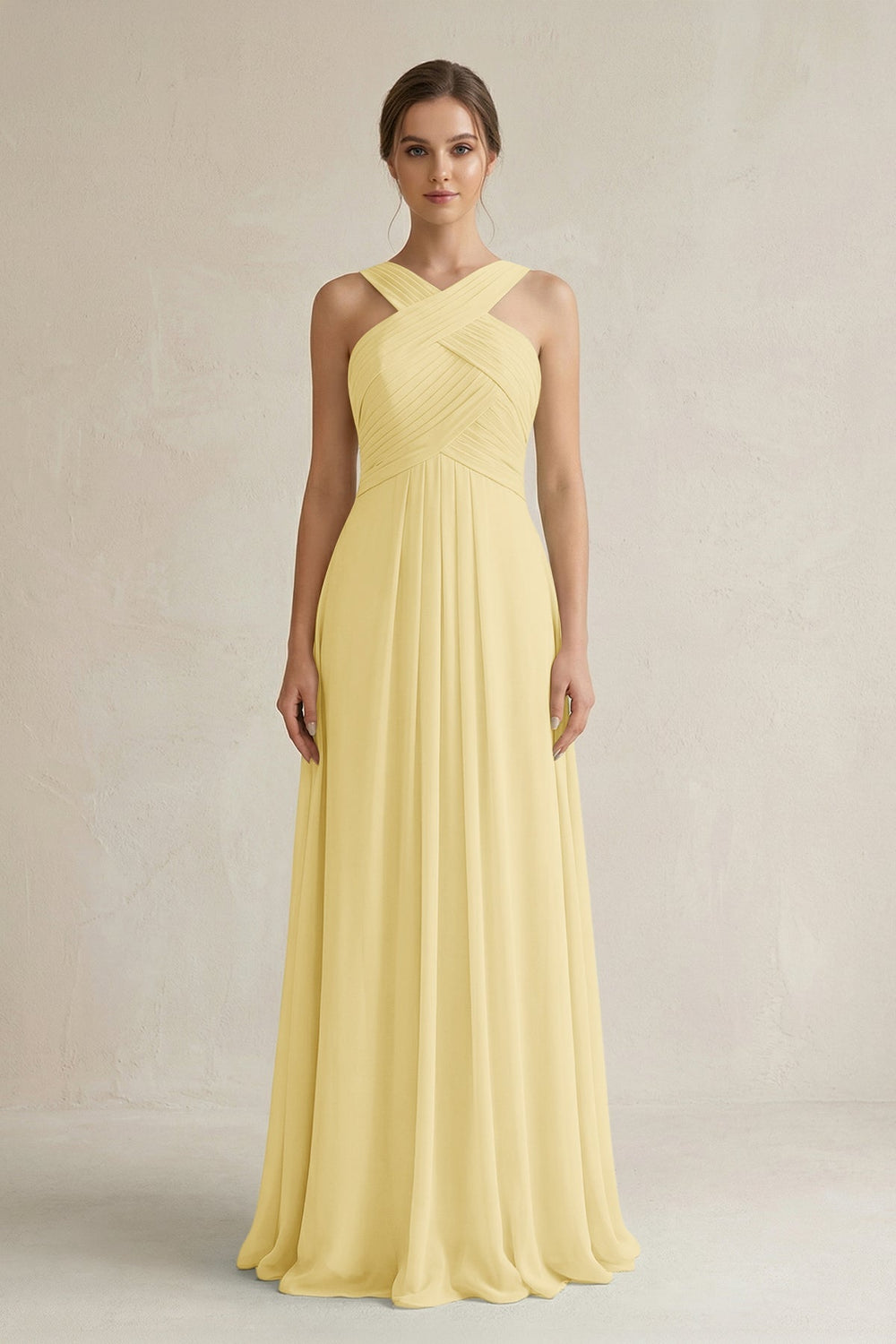 Cross Halter Chiffon A - Line Pleated Bridesmaid Dress in Pastel Yellow - KissProm Bridesmaid Dresses