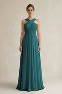 Cross Halter Chiffon A - Line Pleated Bridesmaid Dress in Pine - KissProm Bridesmaid Dresses