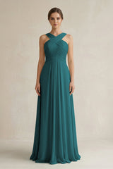 Cross Halter Chiffon A - Line Pleated Bridesmaid Dress in Pine - KissProm Bridesmaid Dresses