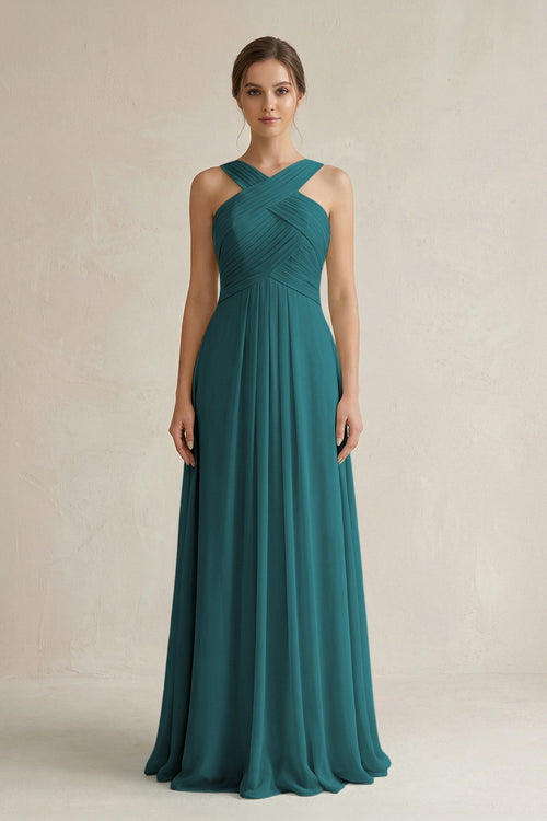 Cross Halter Chiffon A - Line Pleated Bridesmaid Dress in Pine - KissProm Bridesmaid Dresses