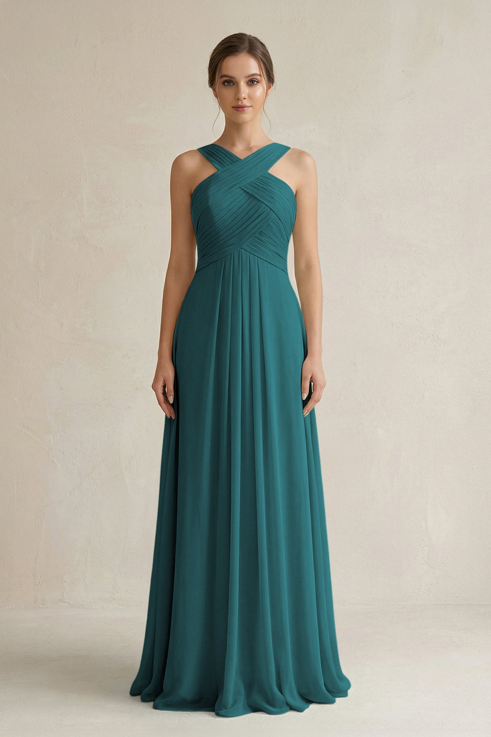 Cross Halter Chiffon A - Line Pleated Bridesmaid Dress in Pine - KissProm Bridesmaid Dresses