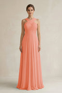 Cross Halter Chiffon A - Line Pleated Bridesmaid Dress in Rosette - KissProm Bridesmaid Dresses