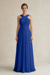 Cross Halter Chiffon A - Line Pleated Bridesmaid Dress in Royal Blue - KissProm Bridesmaid Dresses