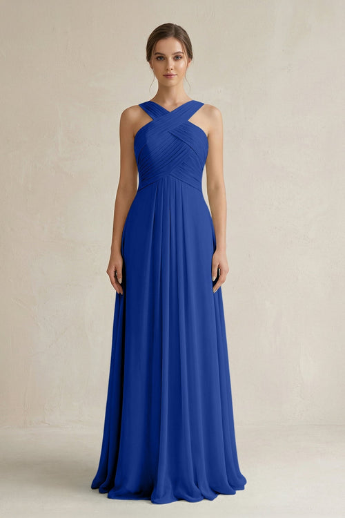 Cross Halter Chiffon A - Line Pleated Bridesmaid Dress in Royal Blue - KissProm Bridesmaid Dresses