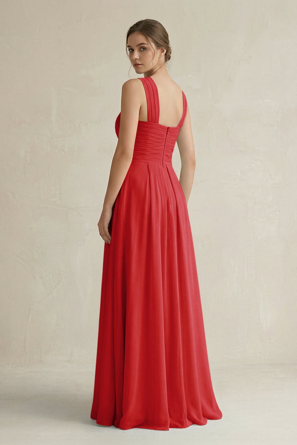 Cross Halter Chiffon A - Line Pleated Bridesmaid Dress in Ruby Red - KissProm Bridesmaid Dresses