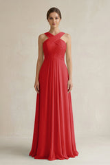 Cross Halter Chiffon A - Line Pleated Bridesmaid Dress in Ruby Red - KissProm Bridesmaid Dresses