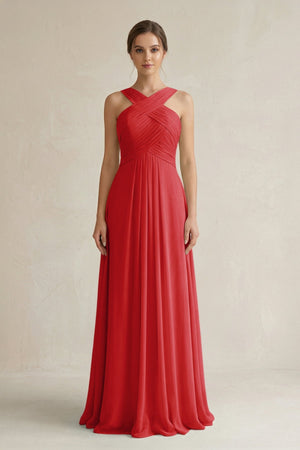 Cross Halter Chiffon A - Line Pleated Bridesmaid Dress in Ruby Red - KissProm Bridesmaid Dresses