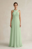 Cross Halter Chiffon A - Line Pleated Bridesmaid Dress in Sage - KissProm Bridesmaid Dresses