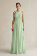 Cross Halter Chiffon A - Line Pleated Bridesmaid Dress in Sage - KissProm Bridesmaid Dresses