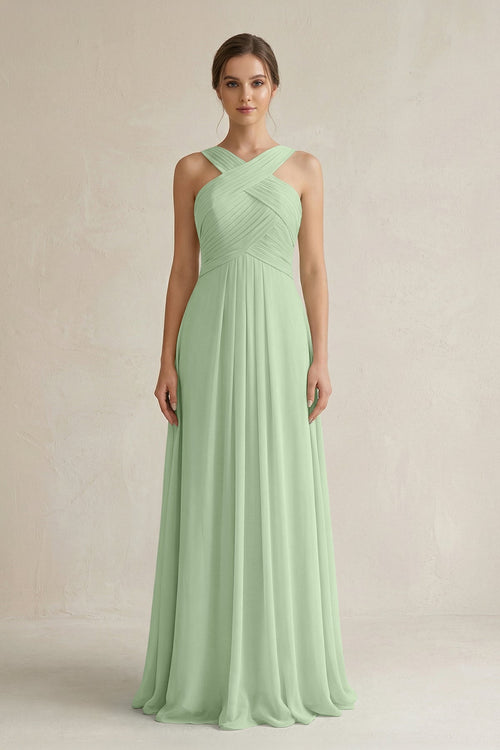 Cross Halter Chiffon A - Line Pleated Bridesmaid Dress in Sage - KissProm Bridesmaid Dresses