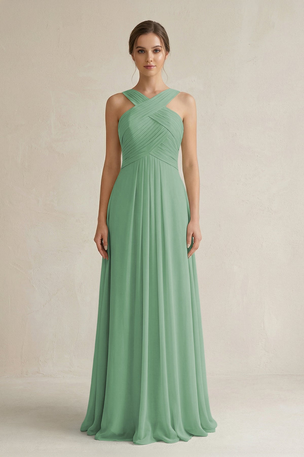 Cross Halter Chiffon A - Line Pleated Bridesmaid Dress in Sea Glass - KissProm Bridesmaid Dresses