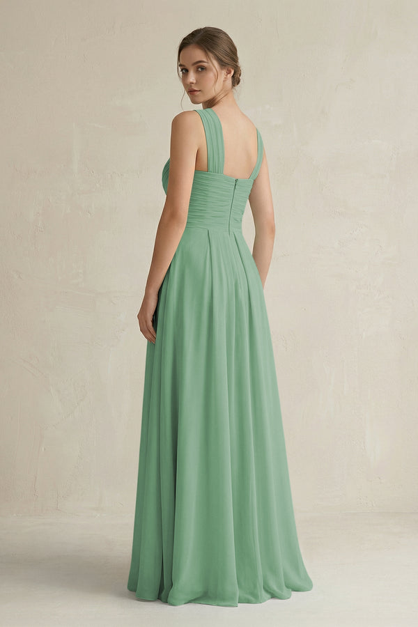 Cross Halter Chiffon A - Line Pleated Bridesmaid Dress in Sea Glass - KissProm Bridesmaid Dresses