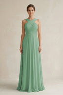 Cross Halter Chiffon A - Line Pleated Bridesmaid Dress in Sea Glass - KissProm Bridesmaid Dresses