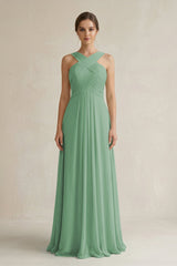 Cross Halter Chiffon A - Line Pleated Bridesmaid Dress in Sea Glass - KissProm Bridesmaid Dresses