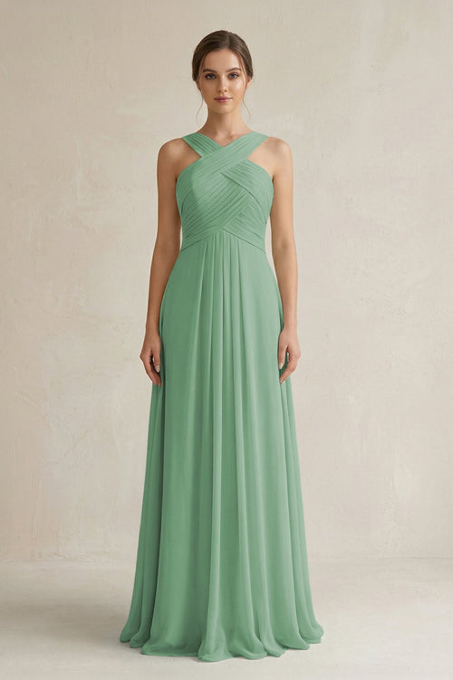 Cross Halter Chiffon A - Line Pleated Bridesmaid Dress in Sea Glass - KissProm Bridesmaid Dresses