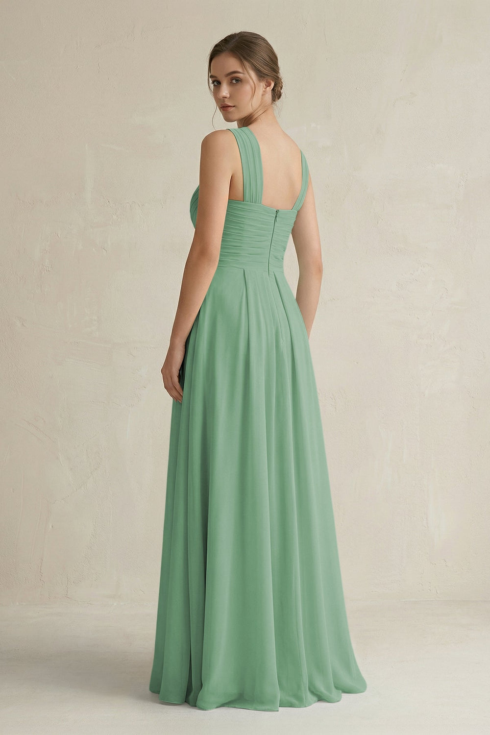 Cross Halter Chiffon A - Line Pleated Bridesmaid Dress in Sea Glass - KissProm Bridesmaid Dresses