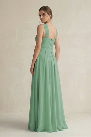 Cross Halter Chiffon A - Line Pleated Bridesmaid Dress in Sea Glass - KissProm Bridesmaid Dresses
