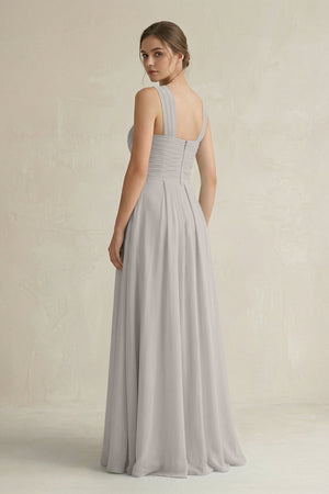 Cross Halter Chiffon A - Line Pleated Bridesmaid Dress in Silver - KissProm Bridesmaid Dresses