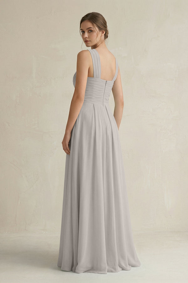 Cross Halter Chiffon A - Line Pleated Bridesmaid Dress in Silver - KissProm Bridesmaid Dresses