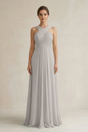 Cross Halter Chiffon A - Line Pleated Bridesmaid Dress in Silver - KissProm Bridesmaid Dresses