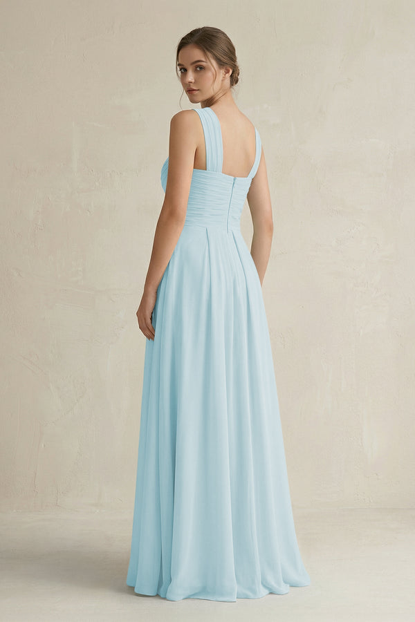 Cross Halter Chiffon A - Line Pleated Bridesmaid Dress in Sky Blue - KissProm Bridesmaid Dresses