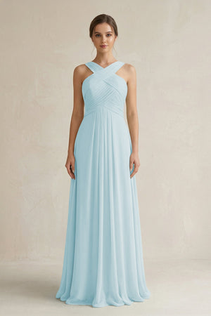 Cross Halter Chiffon A - Line Pleated Bridesmaid Dress in Sky Blue - KissProm Bridesmaid Dresses