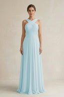 Cross Halter Chiffon A - Line Pleated Bridesmaid Dress in Sky Blue - KissProm Bridesmaid Dresses