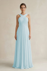 Cross Halter Chiffon A - Line Pleated Bridesmaid Dress in Sky Blue - KissProm Bridesmaid Dresses