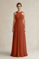 Cross Halter Chiffon A - Line Pleated Bridesmaid Dress in Spice - KissProm Bridesmaid Dresses