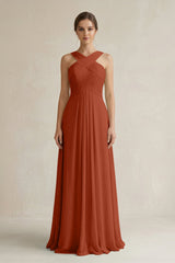 Cross Halter Chiffon A - Line Pleated Bridesmaid Dress in Spice - KissProm Bridesmaid Dresses