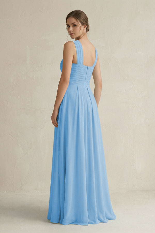 Cross Halter Chiffon A - Line Pleated Bridesmaid Dress in Steel Blue - KissProm Bridesmaid Dresses