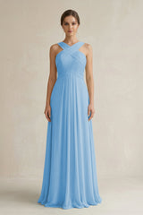 Cross Halter Chiffon A - Line Pleated Bridesmaid Dress in Steel Blue - KissProm Bridesmaid Dresses