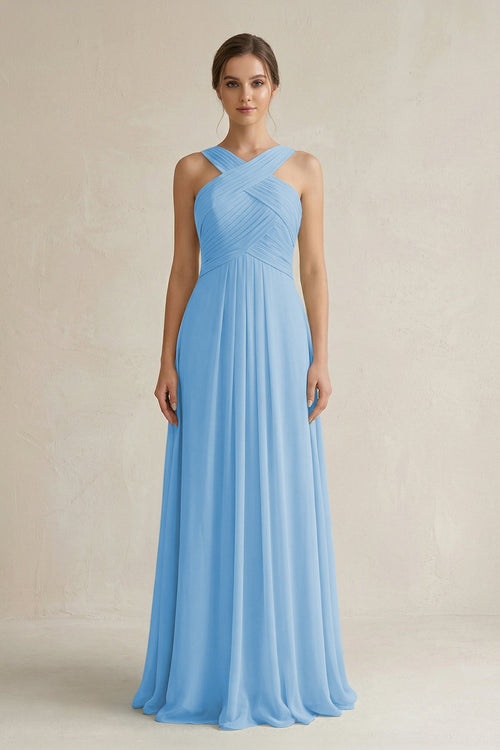 Cross Halter Chiffon A - Line Pleated Bridesmaid Dress in Steel Blue - KissProm Bridesmaid Dresses