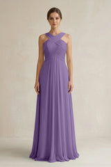 Cross Halter Chiffon A - Line Pleated Bridesmaid Dress in Tahiti - KissProm Bridesmaid Dresses