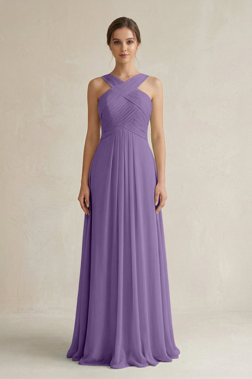 Cross Halter Chiffon A - Line Pleated Bridesmaid Dress in Tahiti - KissProm Bridesmaid Dresses
