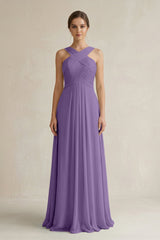 Cross Halter Chiffon A - Line Pleated Bridesmaid Dress in Tahiti - KissProm Bridesmaid Dresses