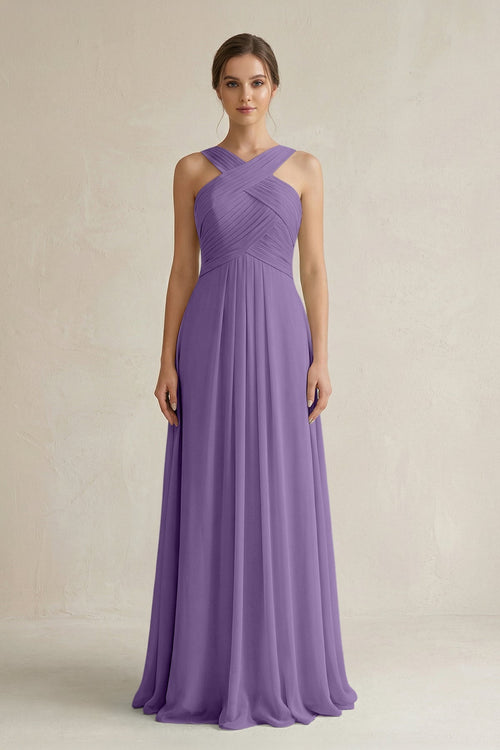 Cross Halter Chiffon A - Line Pleated Bridesmaid Dress in Tahiti - KissProm Bridesmaid Dresses