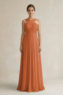 Cross Halter Chiffon A - Line Pleated Bridesmaid Dress in Terracotta - KissProm Bridesmaid Dresses